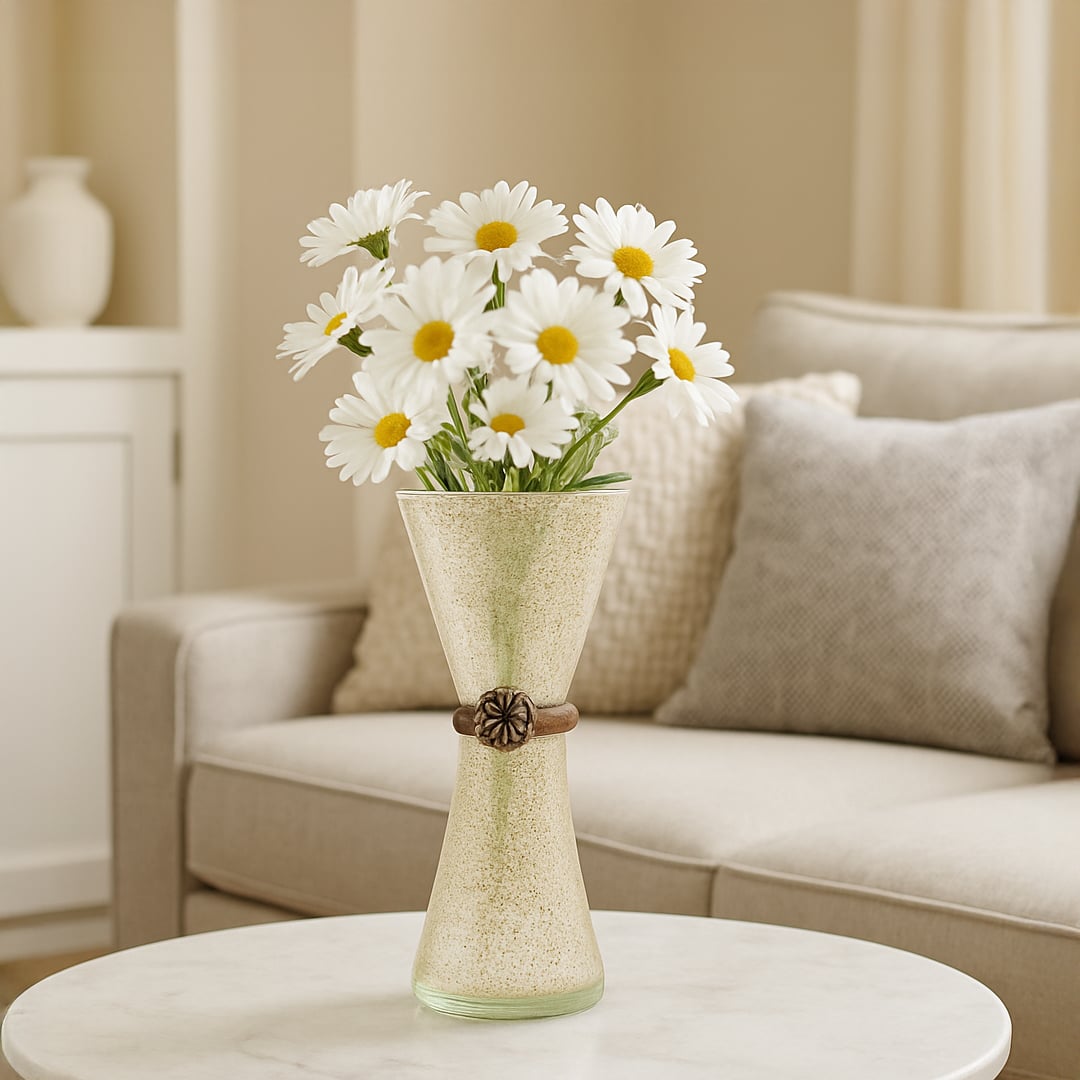 Decorative frosted glass vase with textured finish and floral accent placed on round table holding white daisy flowers for elegant living room decor.