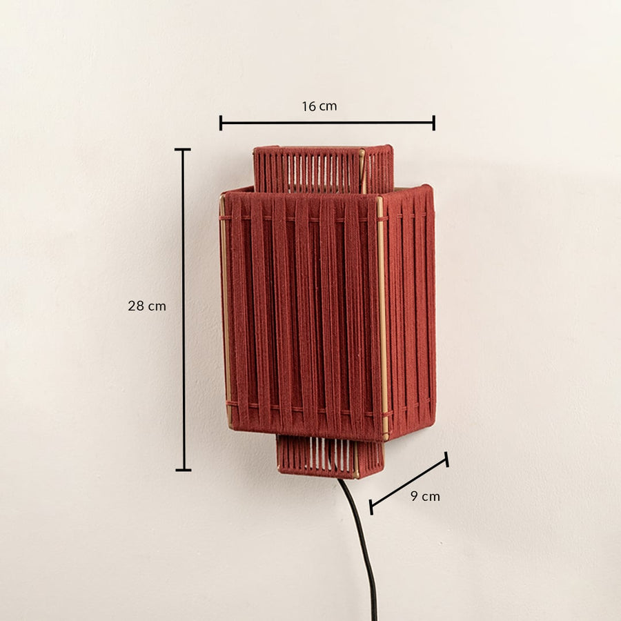 Wall mounted wooden light fixture shown with size details measuring 28 cm height 16 cm width and 9 cm depth highlighting compact modern design.