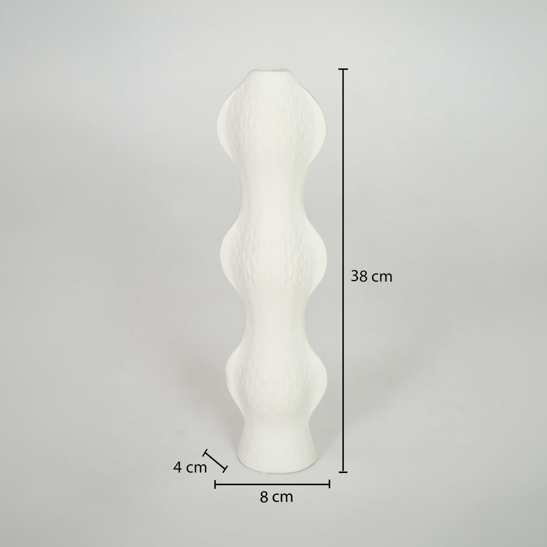 Dimension image of white ceramic abstract vase measuring 38 cm for modern shelf decor with textured matte finish.