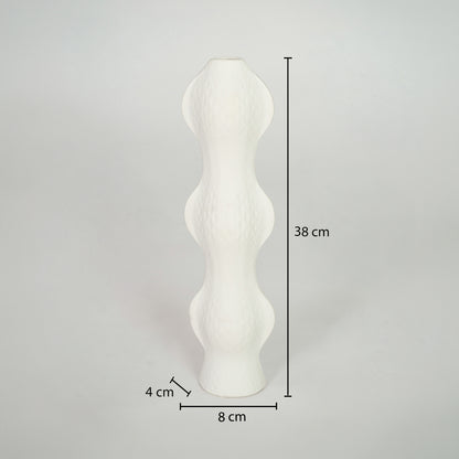 Dimension image of white ceramic abstract vase measuring 38 cm for modern shelf decor with textured matte finish.