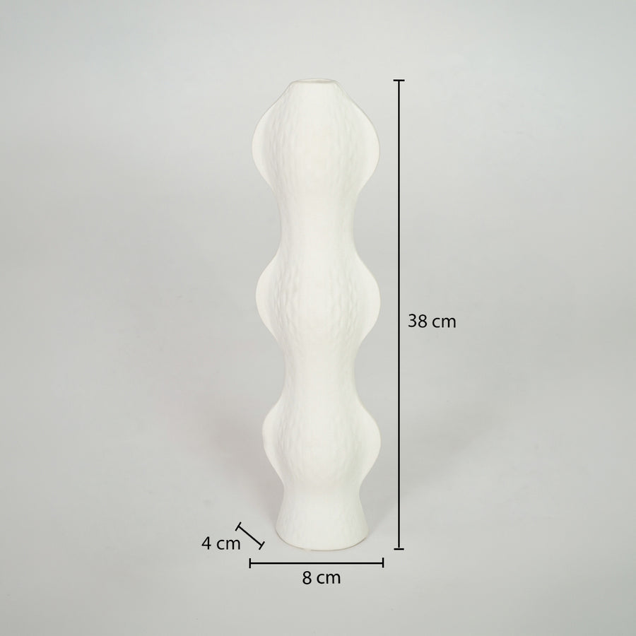 Dimension image of white ceramic abstract vase measuring 38 cm for modern shelf decor with textured matte finish.