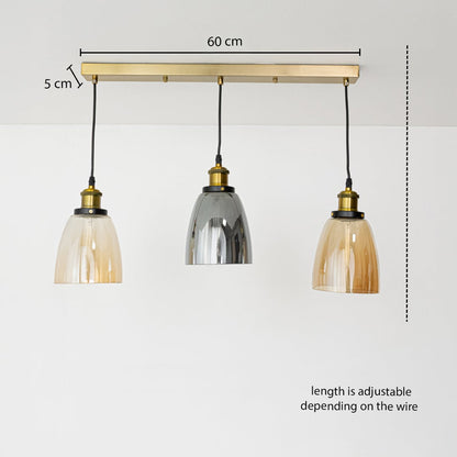 Triple mixed glass pendant lights dimension image with adjustable length and 60 cm canopy for elegant dining placement.