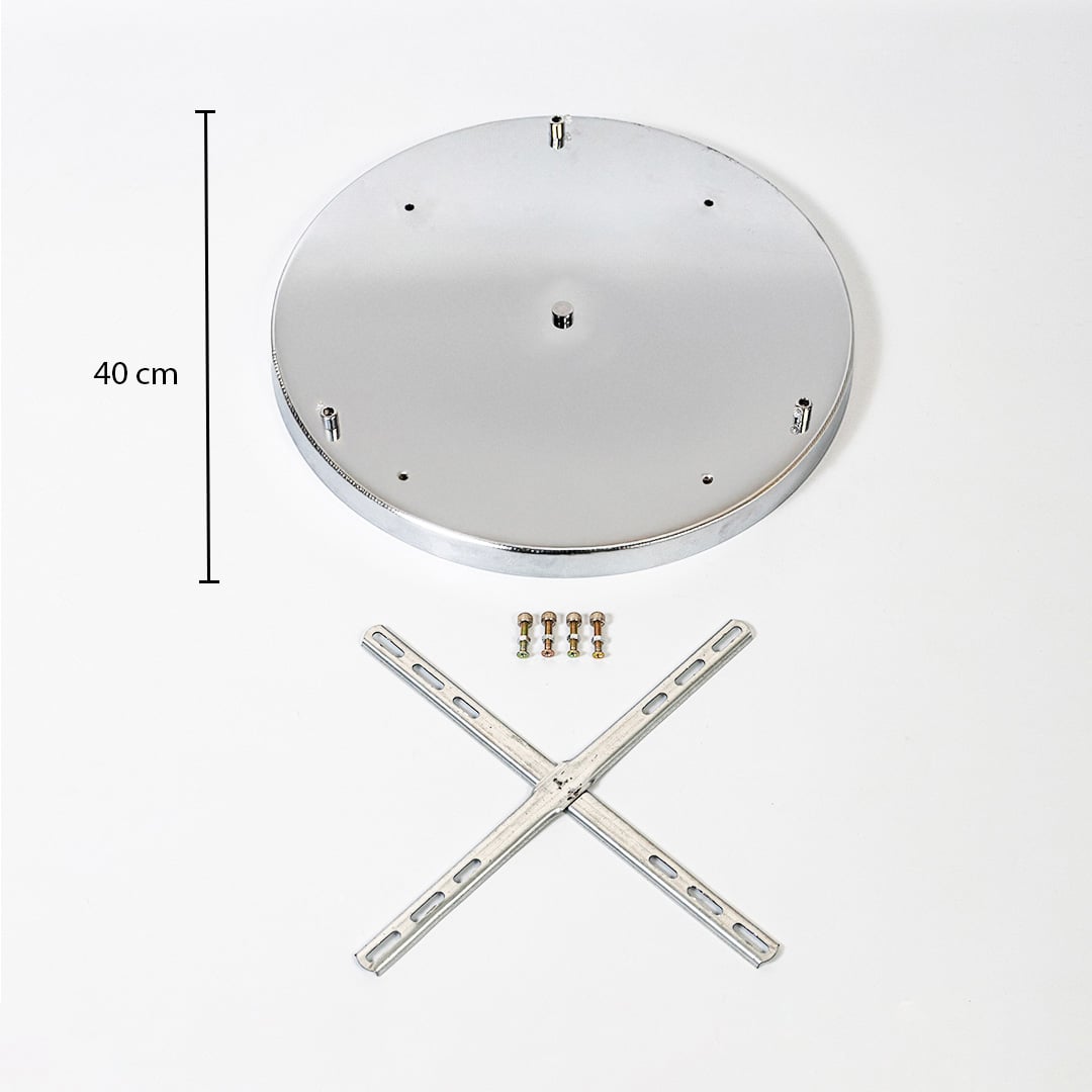 White metal ceiling mounting plate dimension image with 40 cm width for pendant light installation.
