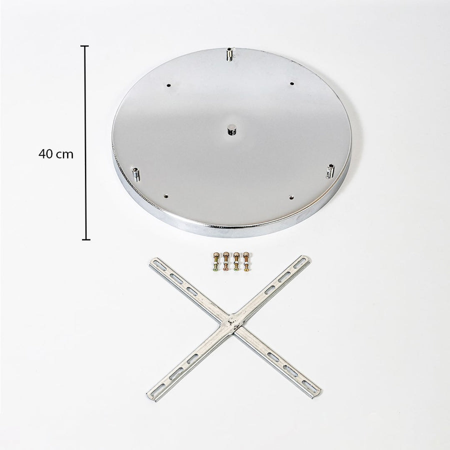 White metal ceiling mounting plate dimension image with 40 cm width for pendant light installation.
