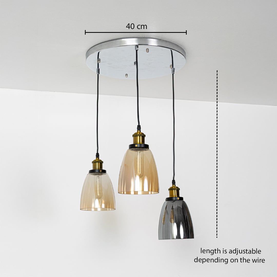 Triple mixed glass pendant lights dimension image with adjustable length and 40 cm canopy for modern dining placement.