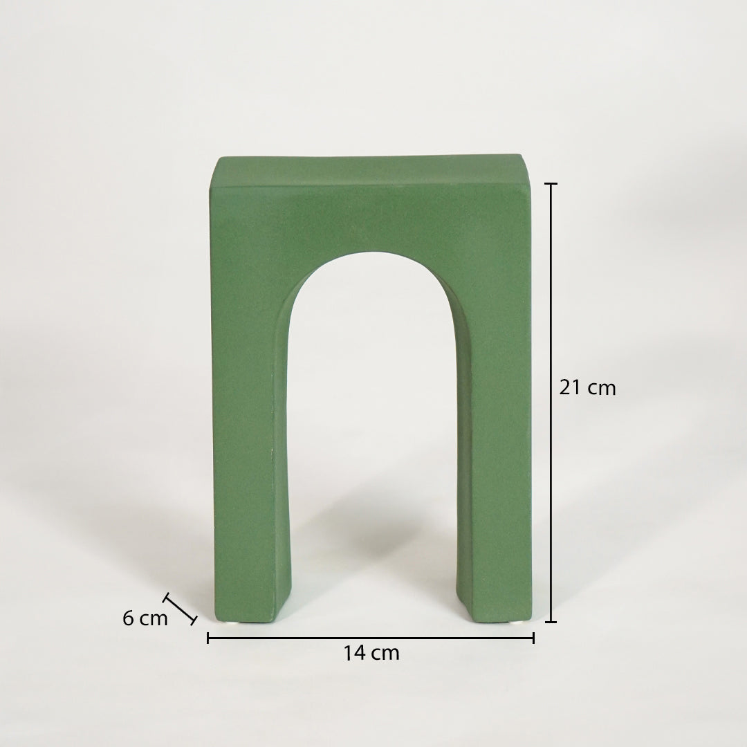 Dimension image of green retro arch table decor for elegant living room decor styling and modern home interior room design.