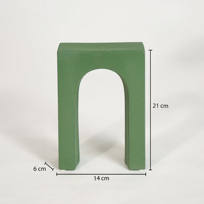 Dimension image of green retro arch table decor for elegant living room decor styling and modern home interior room design.
