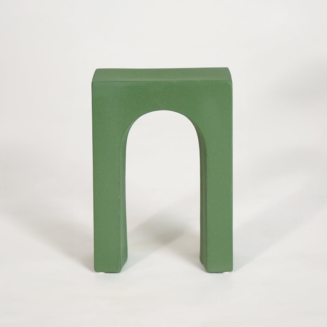 White background image of green retro arch table decor for elegant living room styling and modern home interior decoration.