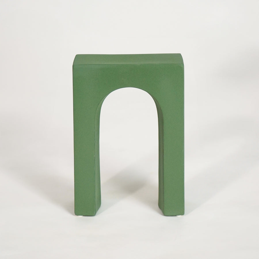 White background image of green retro arch table decor for elegant living room styling and modern home interior decoration.