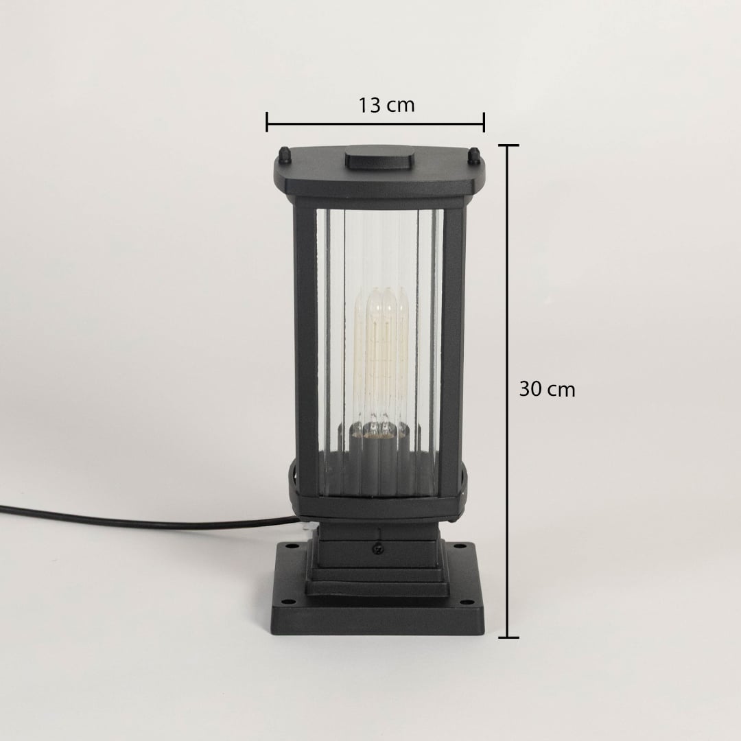 Outdoor black pillar light with frosted glass size 30cm height 13cm width designed for patio garden and gate decor.