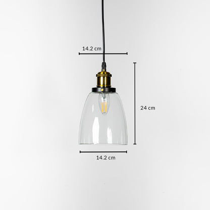Clear glass pendant light with brass holder shown with 24cm height and 14.2cm width for modern interiors.
