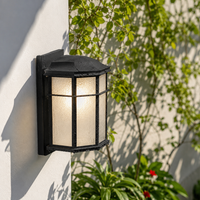 Classic black iron grid cage frosted glass wall lantern fixture on white exterior house facade for outdoor home lighting.