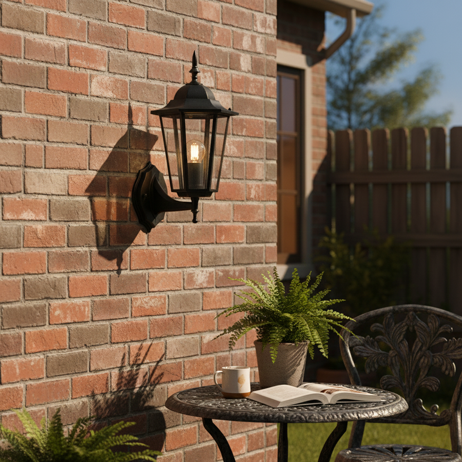 Black metal outdoor lantern wall light lifestyle image beside brick wall for elegant exterior decor.