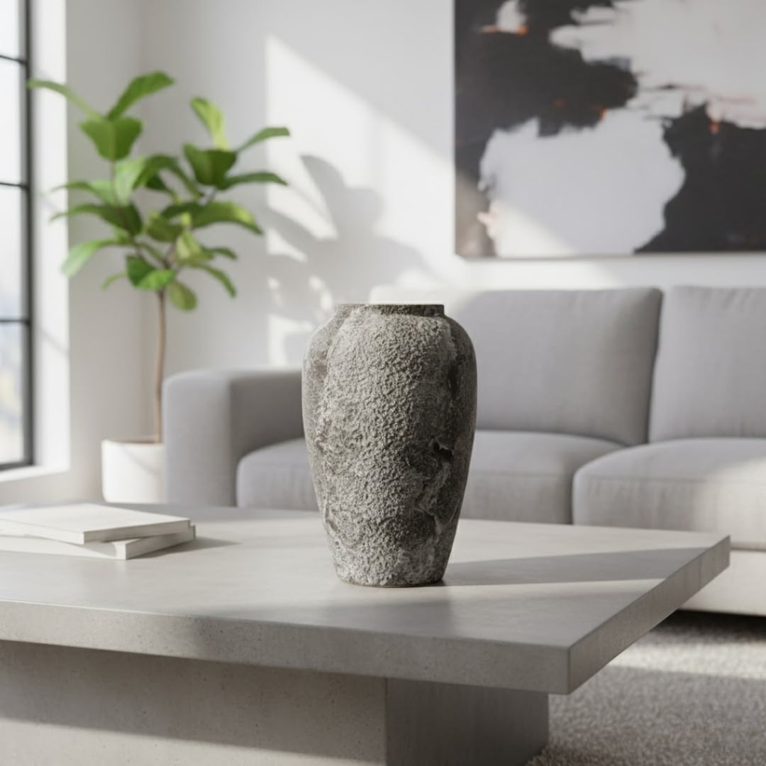 Textured ceramic decor vase styled on a modern coffee table in a bright living room with sofa artwork and indoor plant creating a calm minimal interior scene.