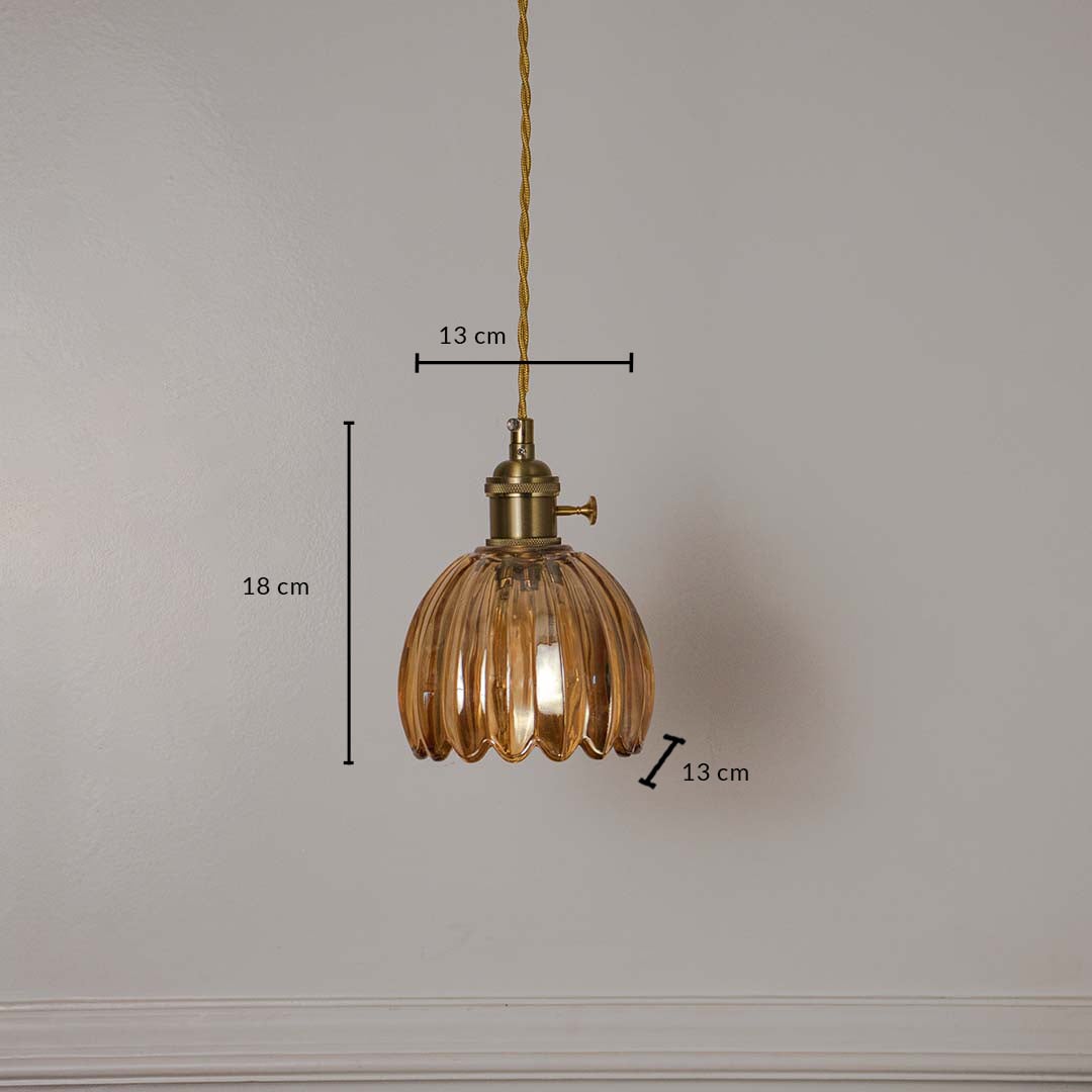 Dimension image of amber ribbed glass petal pendant light with brass accents showing 38 cm height and 13 cm width.