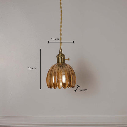 Dimension image of amber ribbed glass petal pendant light with brass accents showing 38 cm height and 13 cm width.