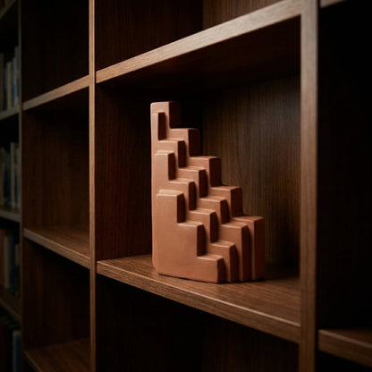 Orange ceramic stepped decorative sculpture displayed on wooden shelf creating warm and artistic interior decor accent.