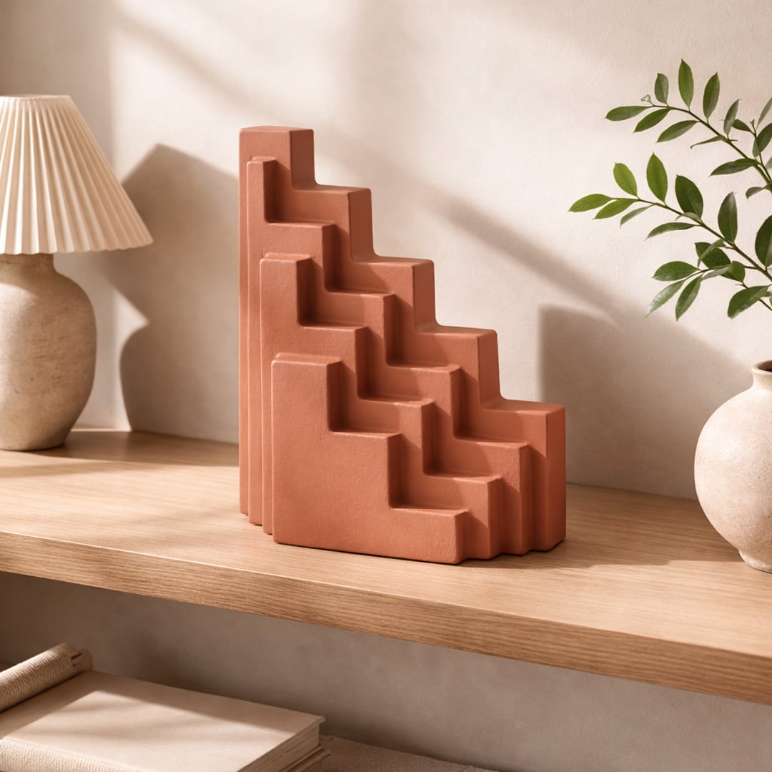 Orange ceramic stepped decorative sculpture with geometric layered form isolated on clean white background for stylish interior display.