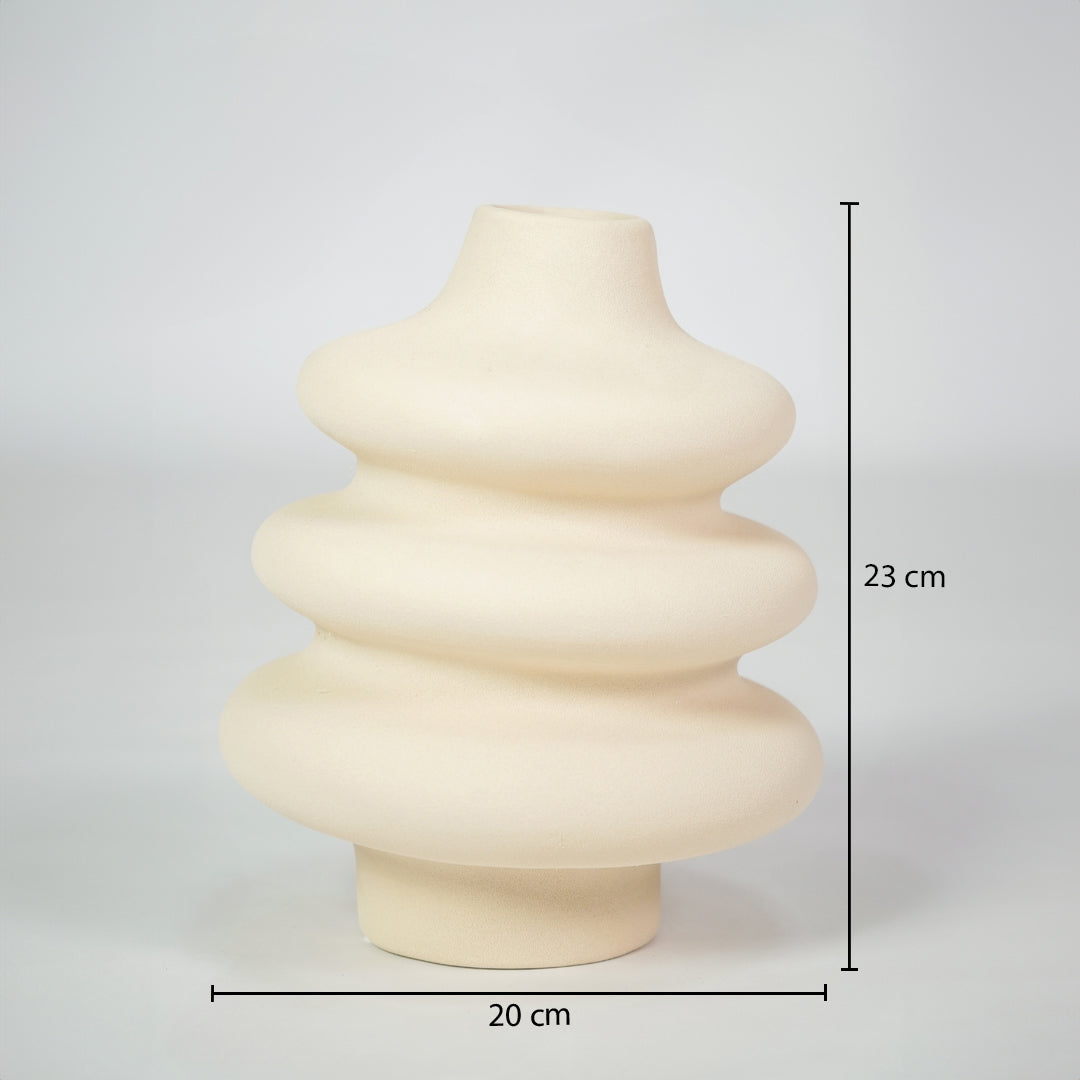 Cream textured ceramic vase dimension image with 28 cm height and 20 cm width for modern shelf decor.