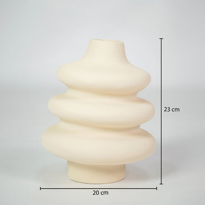 Cream textured ceramic vase dimension image with 28 cm height and 20 cm width for modern shelf decor.