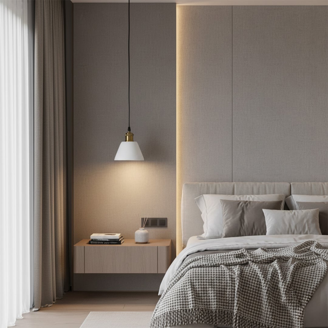 White cone pendant light turned on beside bed creating calm soothing illumination for contemporary bedroom decor.