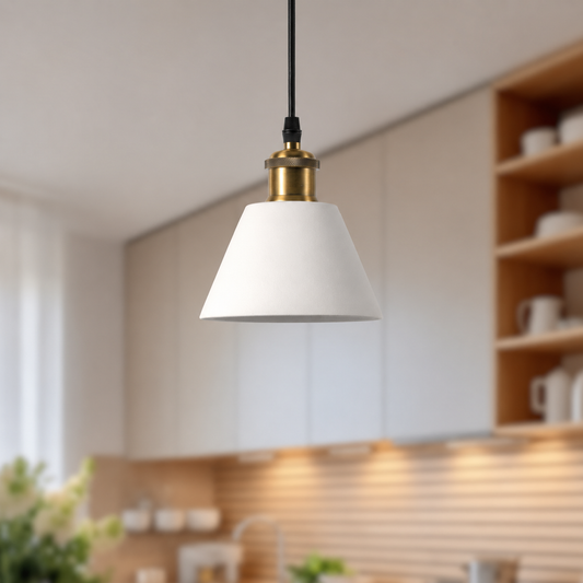 A modern pendant light with a white tapered cone shade, a brass-finished metal collar, and a black hanging cord, shown in a softly blurred kitchen setting.
