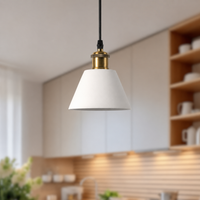 A modern pendant light with a white tapered cone shade, a brass-finished metal collar, and a black hanging cord, shown in a softly blurred kitchen setting.