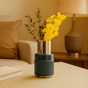 Ribbed Blue-Golden Ceramic Vase - Open Box