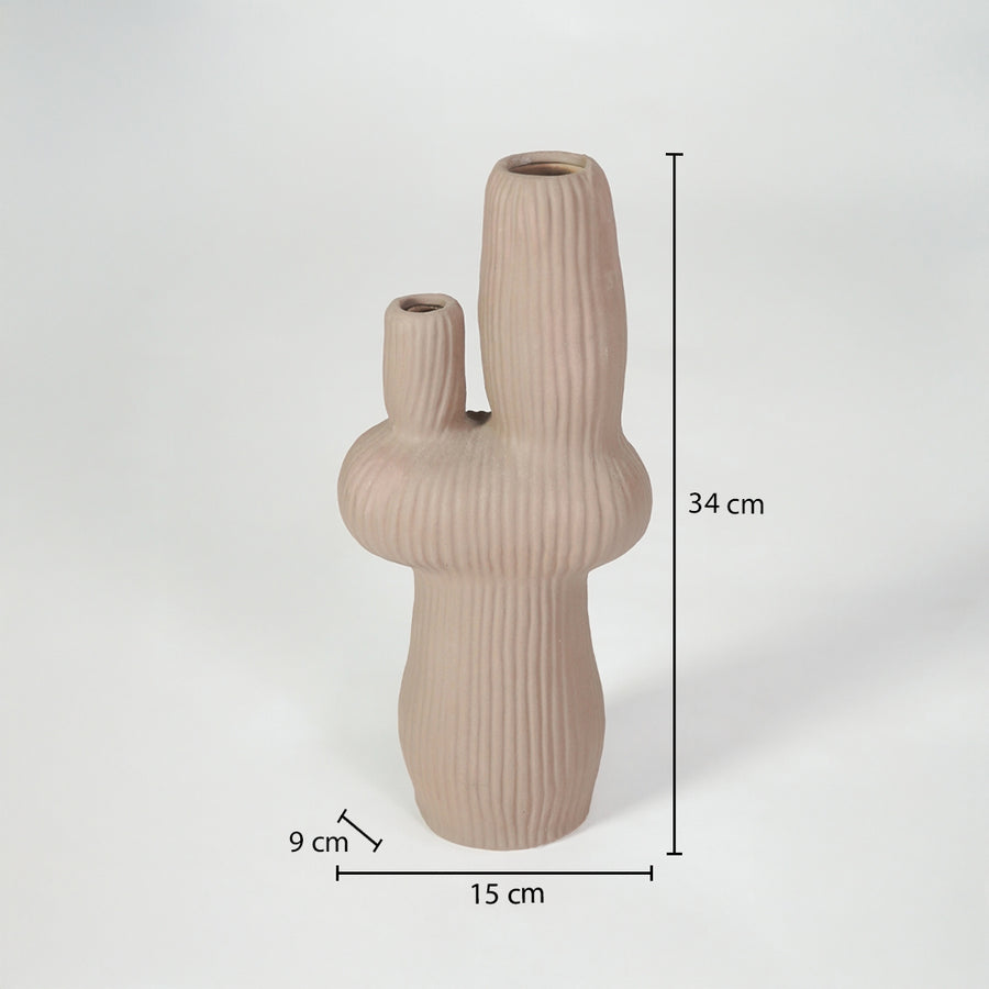 Beige textured ceramic double vase dimension image with 34 cm height and 15 cm width for table decor.