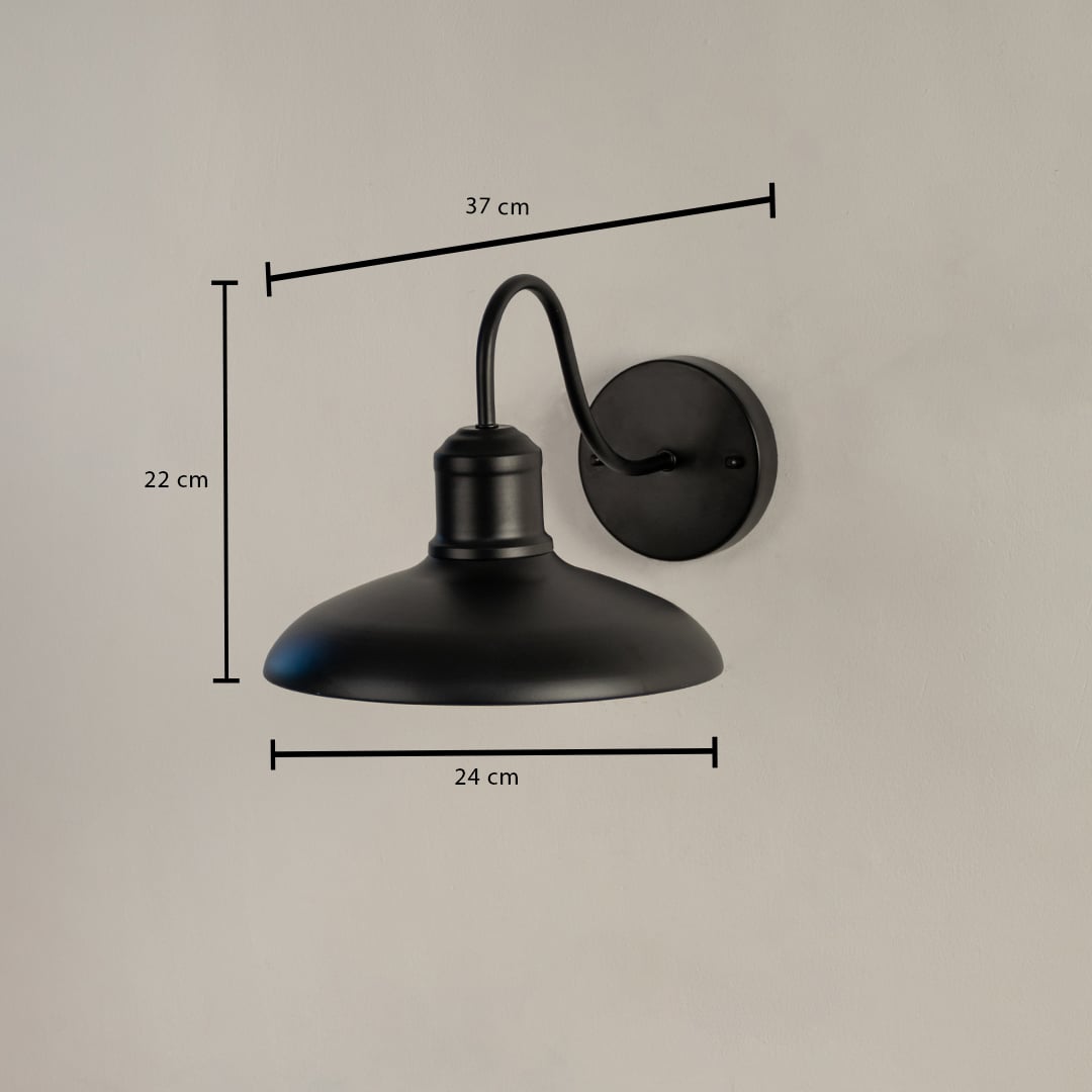 Matte black outdoor wall light with curved arm shown with 22 cm height 24 cm shade width and 37 cm projection for accurate outdoor fitting.