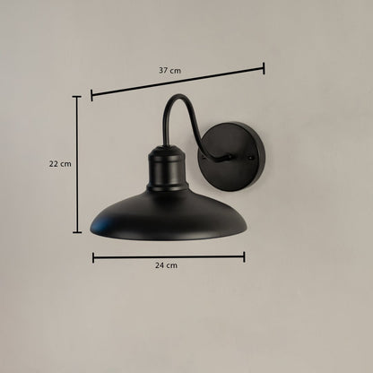 Matte black outdoor wall light with curved arm shown with 22 cm height 24 cm shade width and 37 cm projection for accurate outdoor fitting.