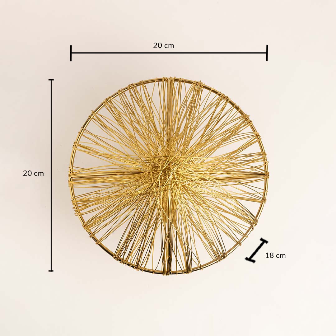 Golden wire decorative sphere shown with 20 cm height and 18 cm width dimensions for modern home styling.