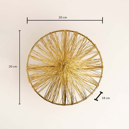 Golden wire decorative sphere shown with 20 cm height and 18 cm width dimensions for modern home styling.