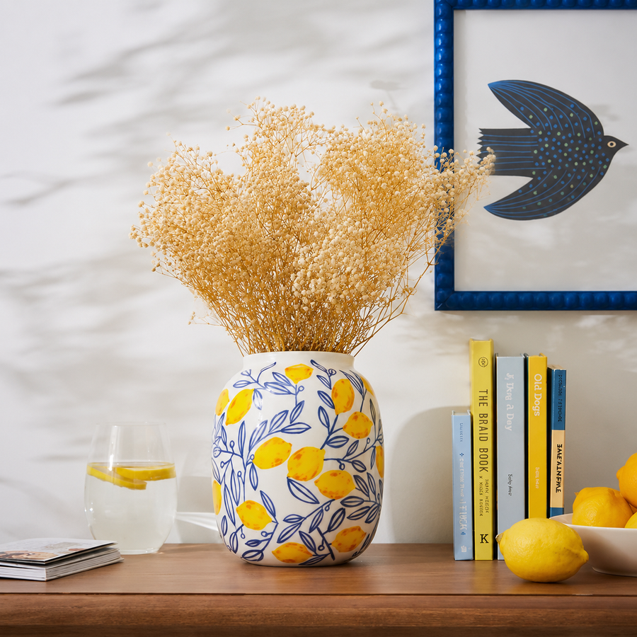 Lifestyle image of white preserved babysbreath dried flower for elegant home interior decor styling and room decoration.