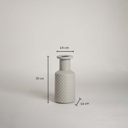 Light grey textured ceramic vase with 30 cm height and 14 cm width shown clearly for accurate home decor size reference.