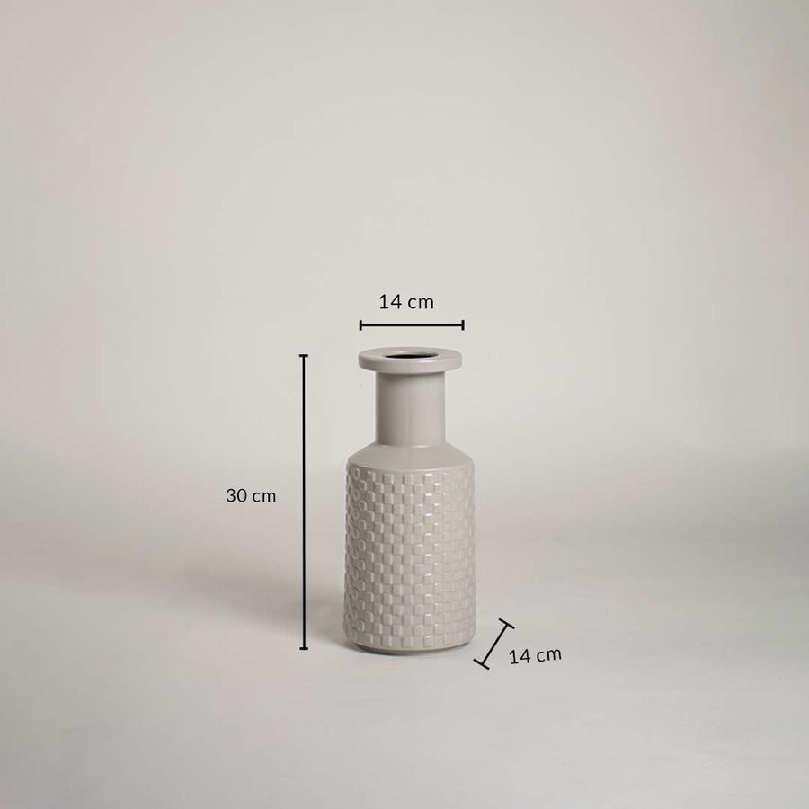 Light grey textured ceramic vase with 30 cm height and 14 cm width shown clearly for accurate home decor size reference.