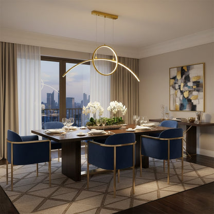 Gold ring LED chandelier suspended above formal dining table with blue chairs and floral centerpiece creating a refined modern dining room ambiance.