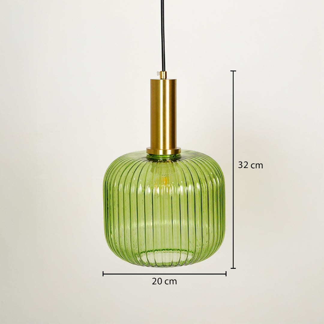 Dimension image of green ribbed glass pendant light with brass accents showing 32 cm height and 20 cm width.