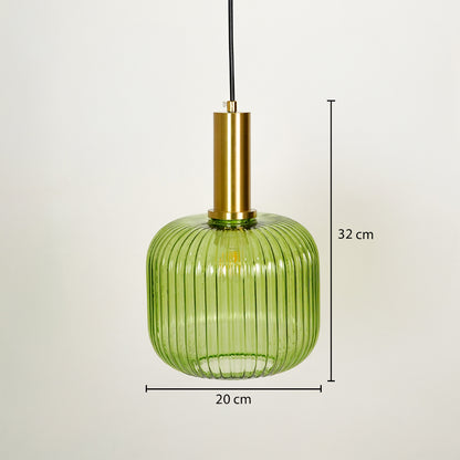 Dimension image of green ribbed glass pendant light with brass accents showing 32 cm height and 20 cm width.