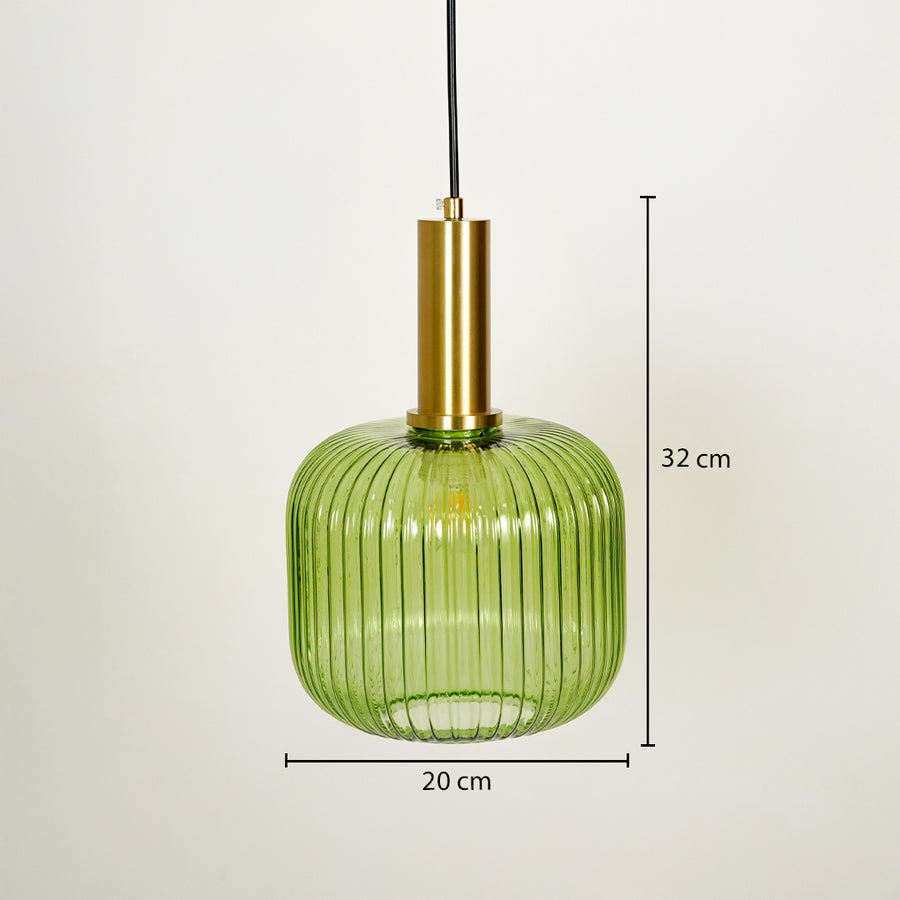 Dimension image of green ribbed glass pendant light with brass accents showing 32 cm height and 20 cm width.