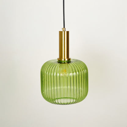 Green ribbed glass pendant light with brass finish on white background for elegant ceiling lighting decor style.