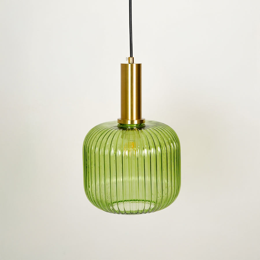 Green ribbed glass pendant light with brass finish on white background for elegant ceiling lighting decor style.