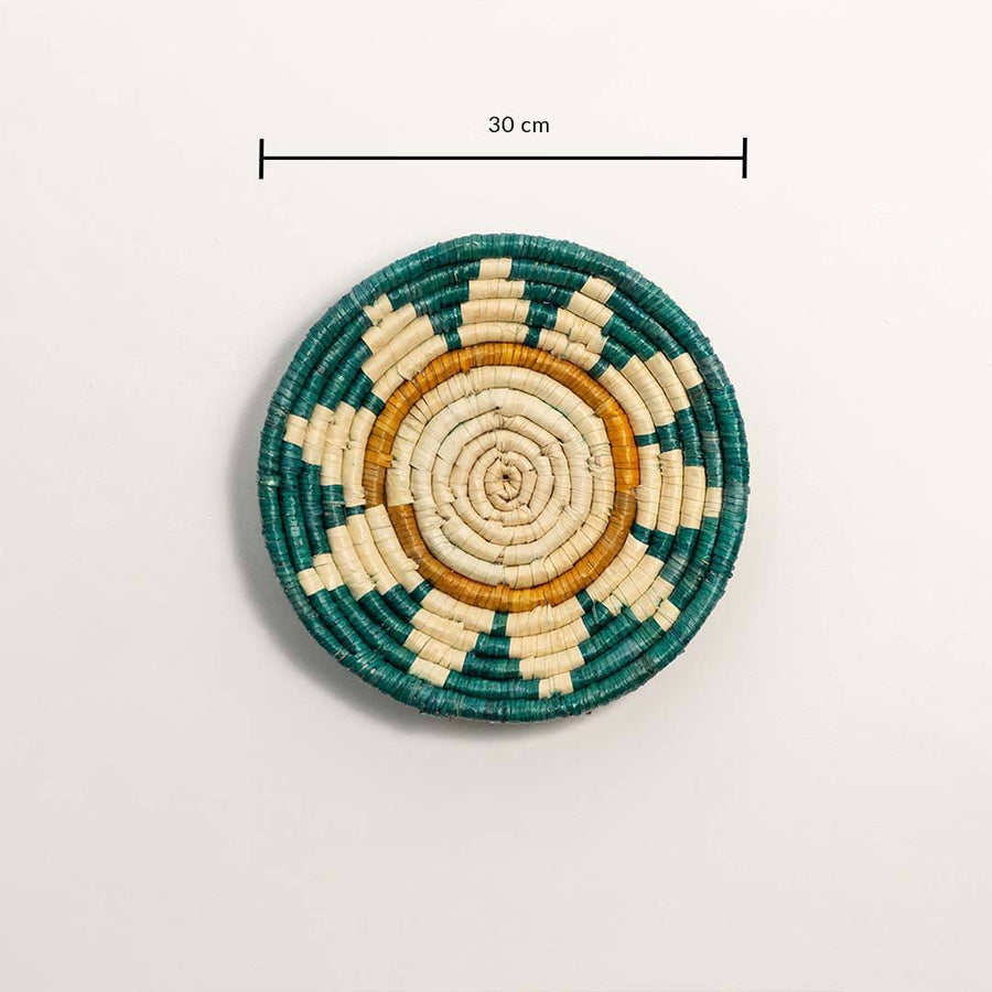 Dimension image of handcrafted teal sunrise seagrass wall basket for living room and boho wall décor display.