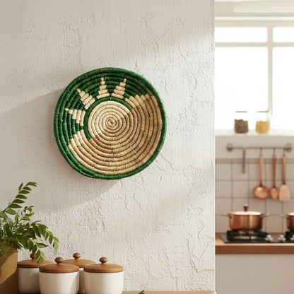 Green and beige bamboo wall plates displayed above cream sofa adding rustic charm to modern minimalist living room.