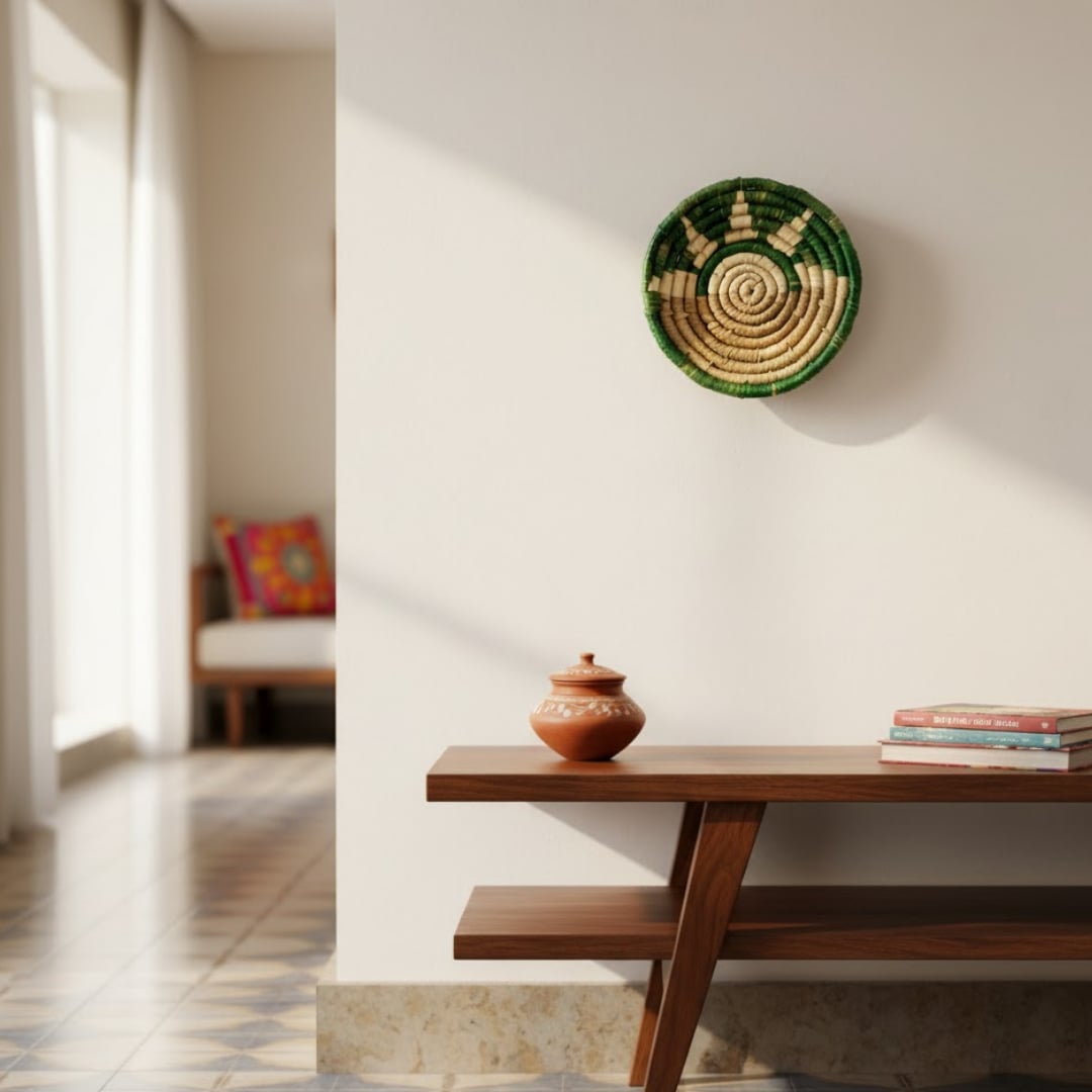 Green handwoven wall basket used as wall art in a modern minimalistic living room setting.