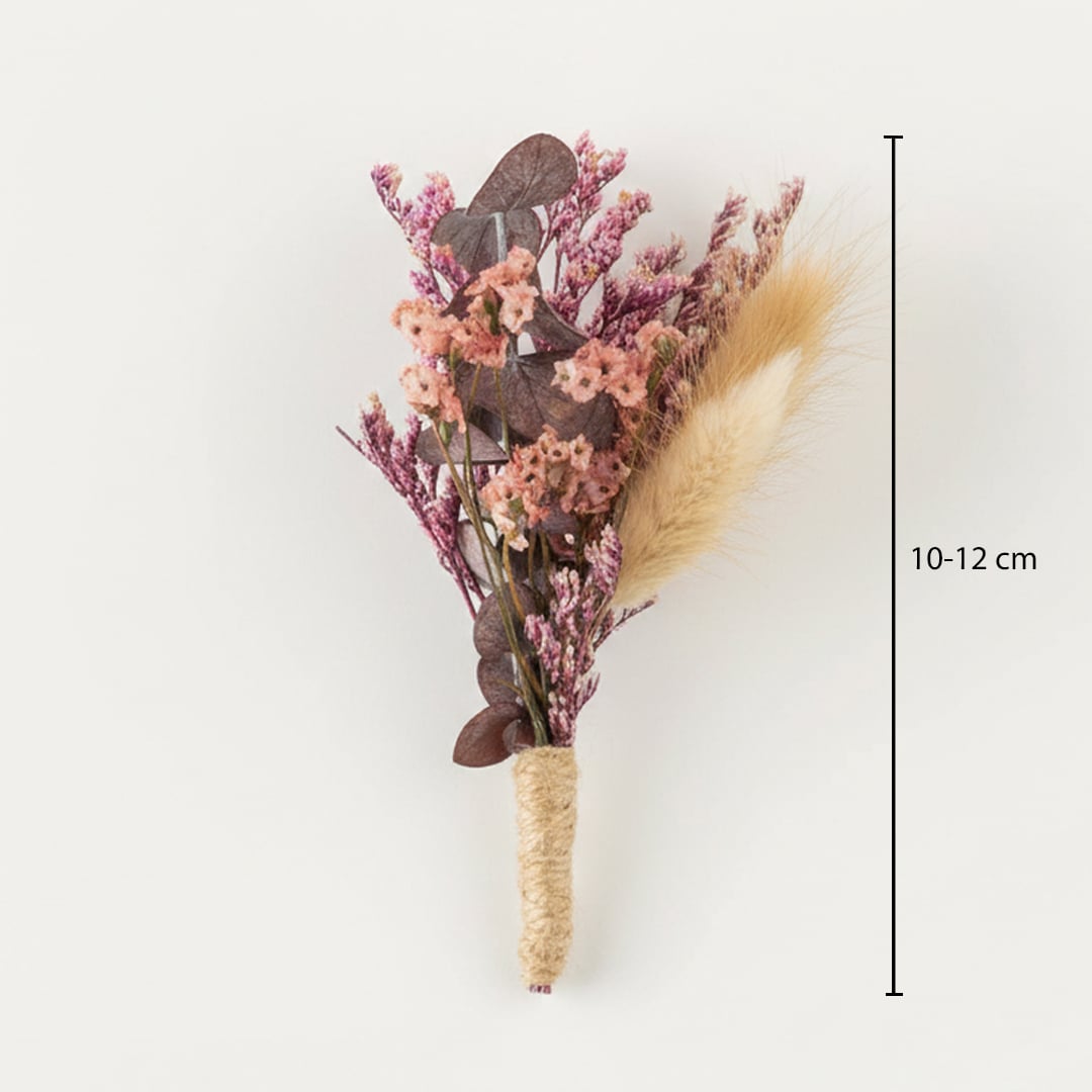 Dried flower bouquet with pink tones brown leaves and soft grass detail showing height 10 to 12 cm for natural home Decor.