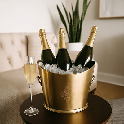A gold champagne bucket filled with ice and bottles placed beside a glass on a round table in a modern living room setting creating a warm lifestyle mood.