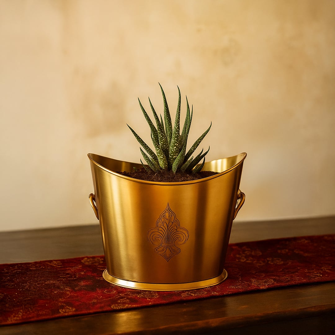 A gold planter bucket holding a green plant displayed on the top of a wooden table next to a in interior lifestyle scene.