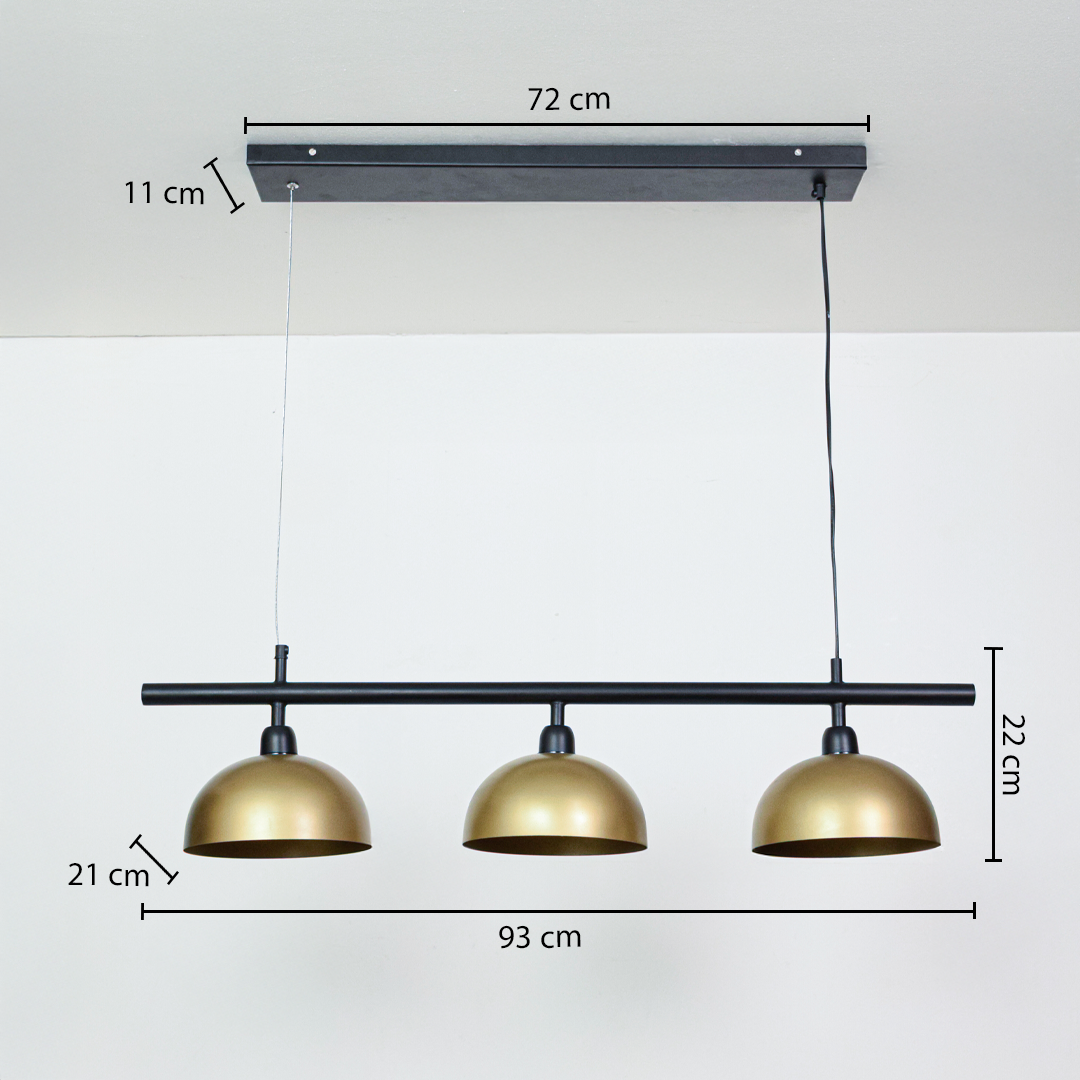 Triple brass dome pendant light dimension image with 93 cm width and 28 cm height for dining room placement.