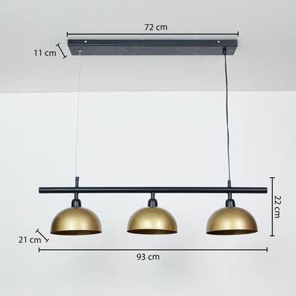 Triple brass dome pendant light dimension image with 93 cm width and 28 cm height for dining room placement.